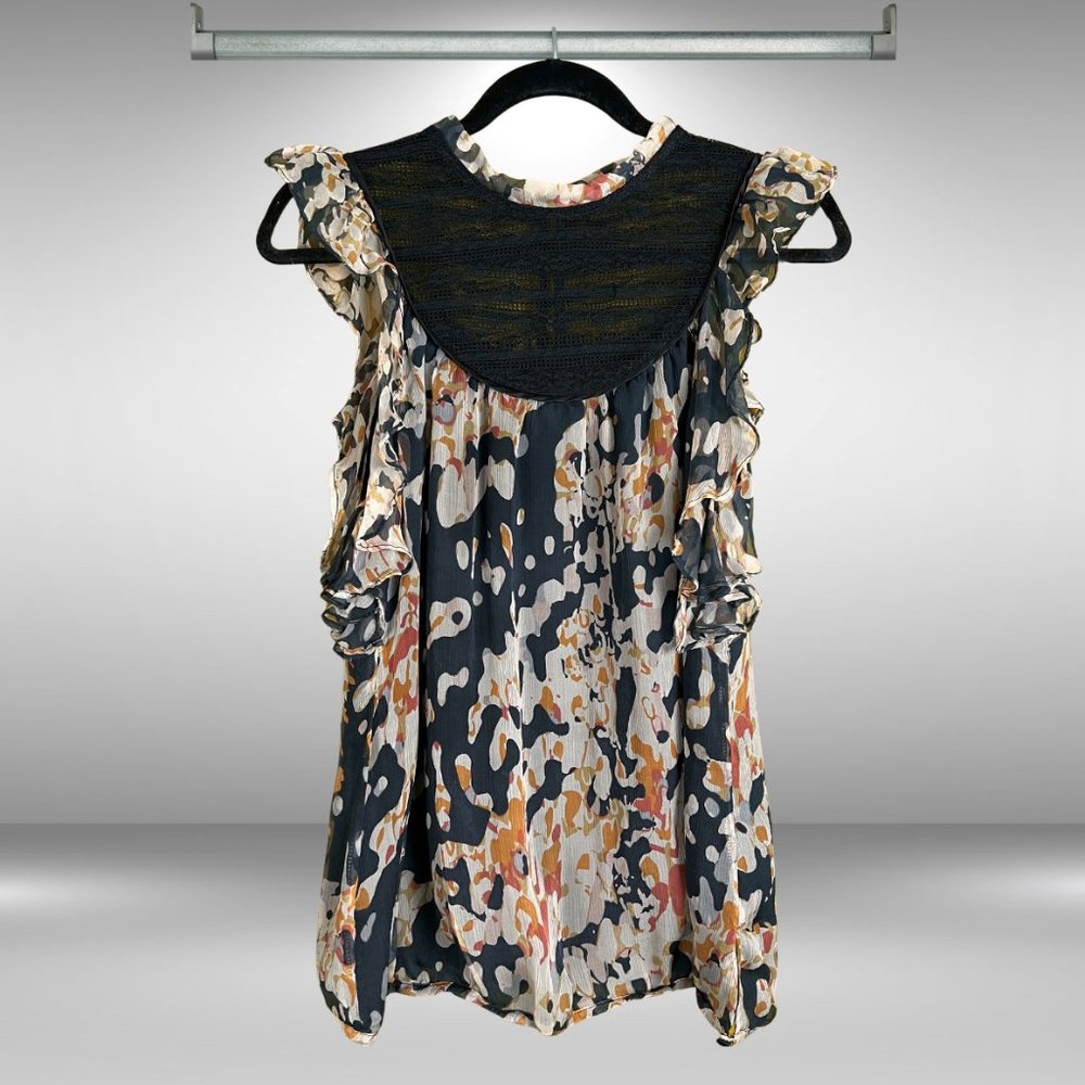 Sugarlips Ruffle Sleeveless Sheer, Lined Blouse Covered Buttons Mesh Lace Collar